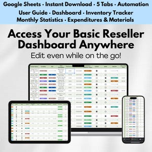 May include: A digital reseller dashboard displayed on a desktop computer, tablet, and smartphone. The screen shows data organized in rows and columns. Text at the top reads: "Access Your Basic Reseller Dashboard Anywhere. Edit even while on the go!"