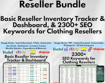Reseller Spreadsheet and Clothing SEO Keyword List Bundle Google Sheets Inventory Tracker Sales Profit Tool for eBay Vinted Depop Sellers