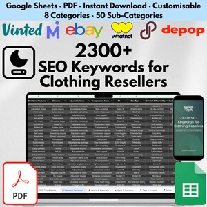 Könnte beinhalten: Laptop-Bildschirm mit einer Tabelle mit Bekleidungsschlüsselwörtern, ein Smartphone mit denselben Schlüsselwörtern und ein PDF-Symbol. Das Bild wirbt für SEO-Schlüsselwörter für Bekleidungshändler mit dem Text "2300+ SEO Keywords for Clothing Resellers."