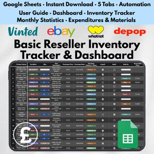 May include: A digital inventory tracker and dashboard for resellers, displayed on a tablet. The screen shows a spreadsheet with product details, purchase prices, and sales information. Includes the Google Sheets logo and the words "Basic Reseller Inventory Tracker & Dashboard."