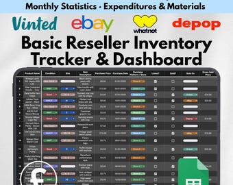 Reseller Spreadsheet Google Sheets Manage Inventory Sales Profit Tracker for eBay Vinted Depop Small Business Template Online Seller Tool UK