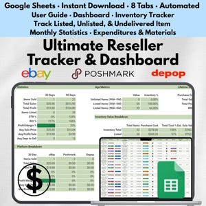 May include: A laptop screen displays a spreadsheet with financial data and the text "Ultimate Reseller Tracker & Dashboard." The image includes data tables, charts, and the logos for eBay, Poshmark, and Depop. The spreadsheet is designed for inventory tracking and sales analysis.