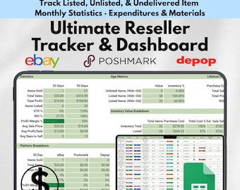 Ultimate Reseller Spreadsheet Google Sheets Inventory Sales Profit Tracker eBay Poshmark Depop Business Template Online Seller Dashboard USD