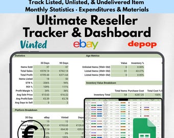 Ultimate Reseller Spreadsheet Google Sheets Inventory Sales Profit Tracker eBay Vinted Depop Small Business Template Online Seller Dashboard