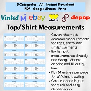 Clothing Measurement Template Guide for Resellers, Printable Chart for Poshmark eBay Depop Vinted, Digital Reseller Tools PDF Spreadsheet