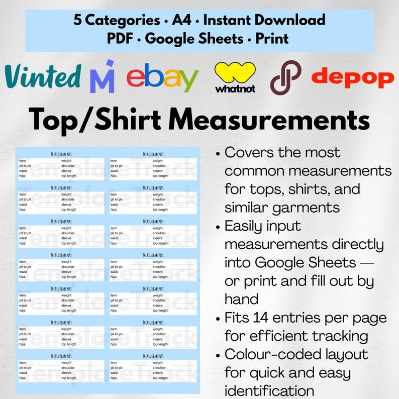Clothing Measurement Template Guide for Resellers, Printable Chart for Poshmark eBay Depop Vinted, Digital Reseller Tools PDF Spreadsheet