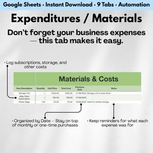Pode incluir: Um modelo de folha de c&aacute;lculo digital intitulado "Despesas / Materiais" com uma tabela verde e branca para rastrear despesas. O modelo inclui se&ccedil;&otilde;es para descri&ccedil;&atilde;o do item, quantidade, pre&ccedil;o unit&aacute;rio, custo total, data da compra e notas.