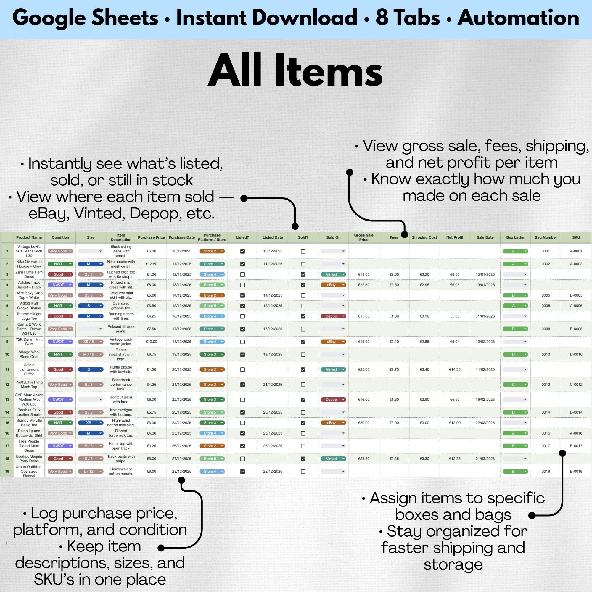 Ultimate Reseller Spreadsheet Google Sheets Inventory Sales Profit ...