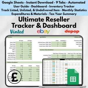 Op de afbeelding: Een laptopscherm toont een spreadsheet met financiële gegevens en analyses. De spreadsheet heet "Ultimate Reseller Tracker & Dashboard" en bevat gegevens van Vinted, eBay en Depop. Het Google Sheets-logo is ook zichtbaar.