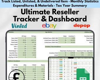 Ultimate Reseller Spreadsheet Google Sheets Inventory Sales Profit Tracker eBay Vinted Depop Small Business Template Online Seller Dashboard