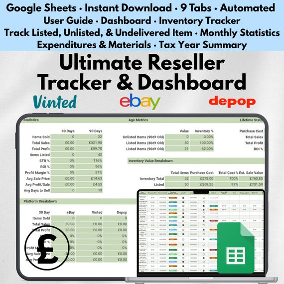 Ultimate Reseller Spreadsheet Google Sheets Inventory Sales Profit Tracker eBay Vinted Depop Small Business Template Online Seller Dashboard