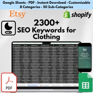 May include: A laptop screen displays a spreadsheet with clothing keywords, accompanied by a smartphone and PDF icon. The image promotes 2300+ SEO keywords for clothing, with Etsy and Shopify logos.