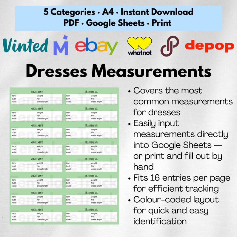 Clothing Measurement Template Guide for Resellers, Printable Chart for Poshmark eBay Depop Vinted, Digital Reseller Tools PDF Spreadsheet