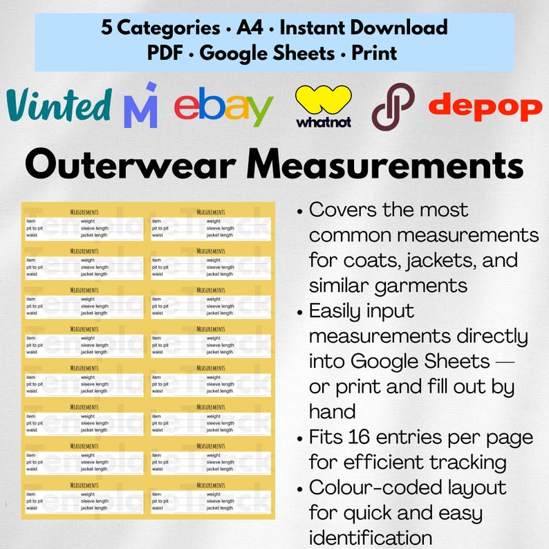 Clothing Measurement Template Guide for Resellers, Printable Chart for Poshmark eBay Depop Vinted, Digital Reseller Tools PDF Spreadsheet