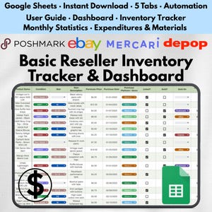 May include: A digital inventory tracker and dashboard for resellers, featuring a spreadsheet layout with product details, purchase information, and sales tracking. Includes the logos of Poshmark, eBay, Mercari, and Depop.