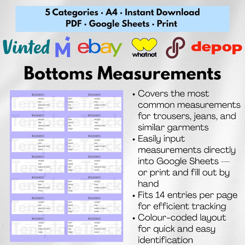 Clothing Measurement Template Guide for Resellers, Printable Chart for Poshmark eBay Depop Vinted, Digital Reseller Tools PDF Spreadsheet