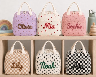 Personalisierte Lunchtasche aus Cord, Lunchbox mit individueller Namensstickerei, Isolierte Snacktasche, Schultasche für Kinder, Geschenk zum Schulanfang