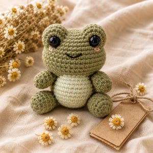 Puede incluir: Un pequeño peluche de rana hecho a ganchillo a mano con un cuerpo de color verde salvia, una barriga de color crema más claro, grandes ojos de seguridad de plástico negro y pequeñas mejillas bordadas en rosa. La rana tiene una sonrisa negra.