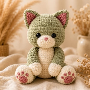 Crochet Cat Pattern, Sage Kitten Amigurumi PDF, Cottagecore Cat Plush Toy, Paw Pad Detail, Cat Lover Gift, Instant Download