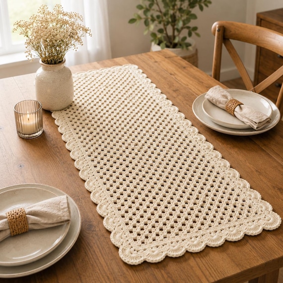 Boho Lace Table Runner Crochet Pattern, Easy PDF Download, Beginner Scalloped Edge, Farmhouse Cotton Table Decor, V Stitch Runner