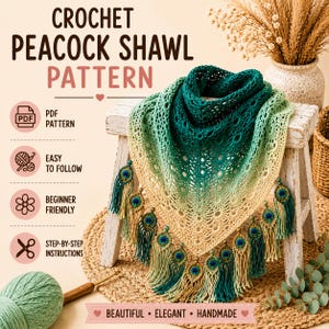 Haakpatroon voor een pauwensjaal, kanten driehoekssjaal, boho-stijl met kwastjes (PDF-download)