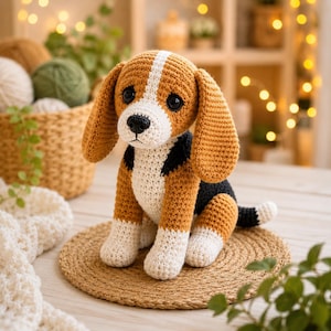 May include: A crocheted beagle dog toy featuring a tricolor pattern of brown, white, and black yarn. The stuffed animal has long floppy ears, a white stripe running down its face, black plastic eyes, and a black stitched nose, sitting upright.