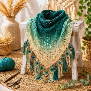 Puede incluir: Un chal hecho a mano, de tejido abierto, en tonos turquesa y crema, con un diseño de plumas de pavo real. El chal está colocado sobre un pequeño taburete de madera blanco. Borlas decorativas con detalles azules y dorados cuelgan del borde inferior.