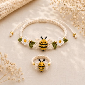 Häkelanleitung für eine Biene, Häkelring, Armband mit Honigbiene, Gänseblümchen-Amigurumi-Schmuck, digitaler Download