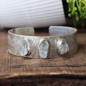 Herkimer Diamond Sterling Silver Bangle: Wide Textured Cuff