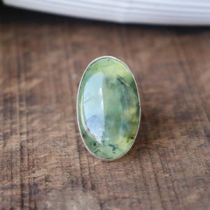 Oval Prehnite Ring: Handmade Sterling Silver, Boho Statement