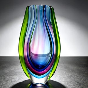Jarrón de cristal Murano Sommerso de 22 cm / Jarrón refractivo verde púrpura soplado a mano, decoración moderna para mesa, regalo