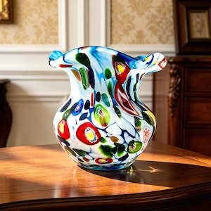 May include: A colorful glass vase with a wide, ruffled rim. The vase features a white base with vibrant splashes of red, yellow, green, and blue. The design is reminiscent of a floral pattern. The vase is sitting on a wooden surface.