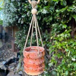 Pink Ceramic Hanging Planter - Handmade Wheel Thrown Pottery - Planter Pot - Macrame with Hook