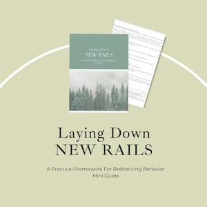 May include: A mini guide titled "Laying Down NEW RAILS" with a forest image on the cover. The guide's title is in large, bold, black font. The cover is a combination of a light green and a forest image. A document with text is behind the guide.