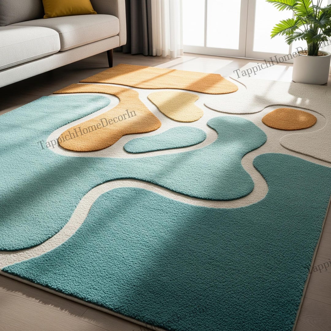 Teal Blue Abstract Hand Tufted Wool Rugs for Living Room, Modern ...