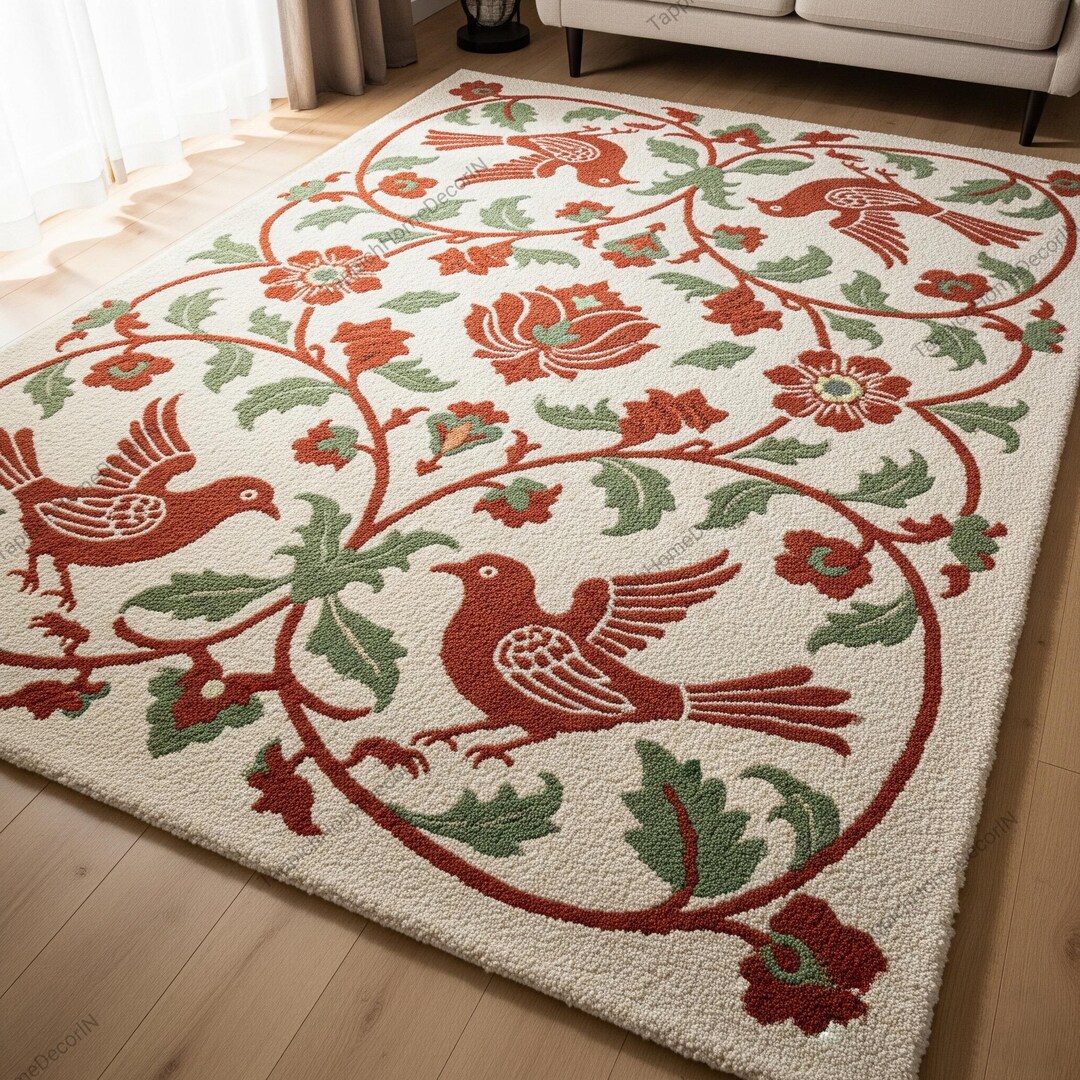 Cream Hand Tufted Colorful Wool Rug for Living Room, Modern Bird Leaf ...