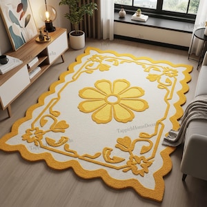 Off White Yellow Floral Design Hand Tufted Wool Rug For Bedroom, Modern Unique Textured 8x10 Living Room Carpet, Custom Dining Area Rugs