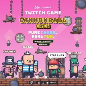 Pode incluir: Imagem promocional para o jogo Twitch "Cannonball Crew". A imagem apresenta personagens pixelizados e elementos do jogo em um fundo rosa. O texto inclui "Pure Chaos. Real Fun." e "Demo on the website lokyo.art."