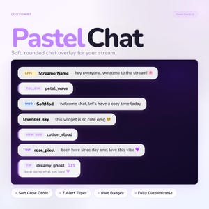 Può includere: Un design di sovrapposizione digitale per lo streaming, intitolato "Pastel Chat". Il design presenta uno sfondo sfumato viola e nero con fumetti che mostrano messaggi. Il testo include "Soft, rounded chat overlay for your stream" ed esempi di chat.