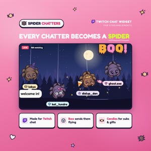 Puede incluir: Un widget de chat de Twitch titulado SPIDER CHATTERS con arañas de dibujos animados colgando de hilos sobre un fondo de bosque nocturno. El texto dice EVERY CHATTER BECOMES A SPIDER, BOO!, e incluye iconos de Twitch, dulces y comandos.