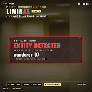 May include: A digital overlay graphic for a stream alert widget featuring a red-bordered rectangular box with the text SIGNAL INTERCEPTED ENTITY DETECTED NEW FOLLOWER SUBJECT LOGGED wanderer_07. The interface includes technical status indicators.