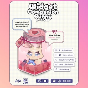Pode incluir: Ilustração digital de um coelho dentro de um frasco, intitulada "Widget Companion Bunny in a Jar". O coelho animado reage aos alertas. O frasco contém líquido rosa e um morango na tampa. Balões de texto e ícones também estão presentes.