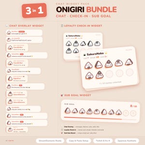 Könnte beinhalten: Ein digitales Grafikpaket namens "Onigiri Bundle" mit drei Widgets: Chat-Overlay, Check-in-Treue und Unterziel. Das Design zeigt eine japanische Ästhetik mit Onigiri-Illustrationen (Reisbällchen) und Text.