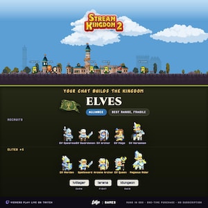 Könnte beinhalten: Eine digitale Benutzeroberfläche für das Spiel Stream Kingdom 2 mit Pixel-Art eines Elfenkönigreichs und einer Liste von Elfeneinheiten, darunter Speerkämpfer, Schwertkämpfer, Bogenschützen, Magier, Reiter, Wächter, Zauberschwerter, Arkan-Bogenschützen, Königinnen und Pegasusreiter.