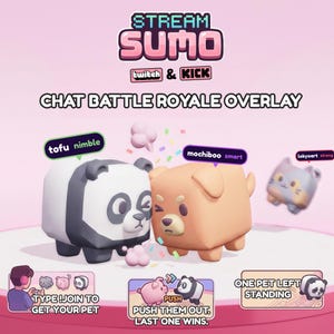 May include: A Stream Sumo chat battle royale overlay graphic featuring blocky, stylised animal characters. A panda labelled tofu nimble and a tan animal labelled mochiboo smart are shown colliding with confetti. Text includes Stream Sumo, Twitch & Kick.