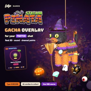 Könnte beinhalten: Eine digitale Grafik für ein Twitch-Stream-Overlay mit einer schwarzen Katzen-Pinata mit violettem Hexenhut, umgeben von Halloween-Symbolen wie Kürbis, Geist, Totenkopf und Besen. Der Text lautet Lokyo Games Stream Pinata Gacha Overlay.