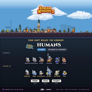 Pode incluir: Uma interface em pixel art para Stream Kingdom 2 com um horizonte de reino, a facção Humans com uma bandeira de leão azul e listas de recrutas e elites, incluindo Spearman, Swordsman, Archer, Horseman, Mage, Prince, Halberdier, Knight, Crossbowman, Cavalier, Arch Mage e King.