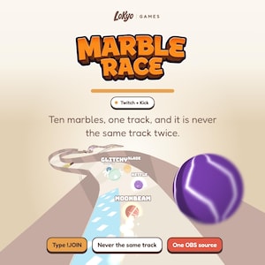 Op de afbeelding: Een digitale afbeelding voor het spel Marble Race van Lokyo Games. Het bevat de titel, de tekst 'Ten marbles, one track, and it is never the same track twice', een baan met knikkers genaamd Glitchy, Toaster, Kettle en Moonbeam, en knoppen.