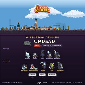 Może przedstawiać: Cyfrowy interfejs gry Stream Kingdom 2 z postaciami w stylu pixel art. Ekran przedstawia frakcję Undead z rekrutami takimi jak Skeleton, Zombie, Ghost, Necromancer i Death Knight oraz elitami, w tym Reaper i Lich.