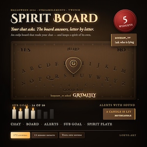 May include: A digital spirit board interface featuring a brown rectangular board with letters A-Z, numbers 0-9, and the words YES, NO, HELLO, and GOOD BYE. A central planchette displays the letter G. Includes sub goal candles and alert text boxes.